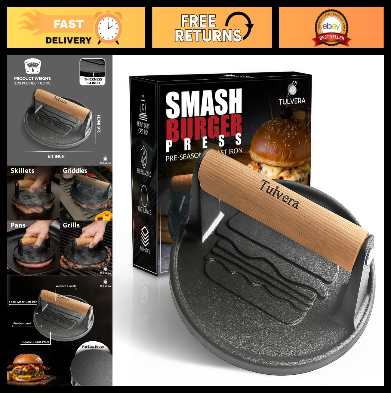 Cast Iron Burger Press | Flat-Edge Meat Smasher Tool for Grilling & BBQ | Pre-Se gallery