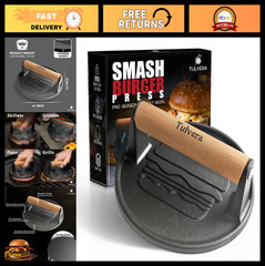 Cast Iron Burger Press | Flat-Edge Meat Smasher Tool for Grilling & BBQ | Pre-Se