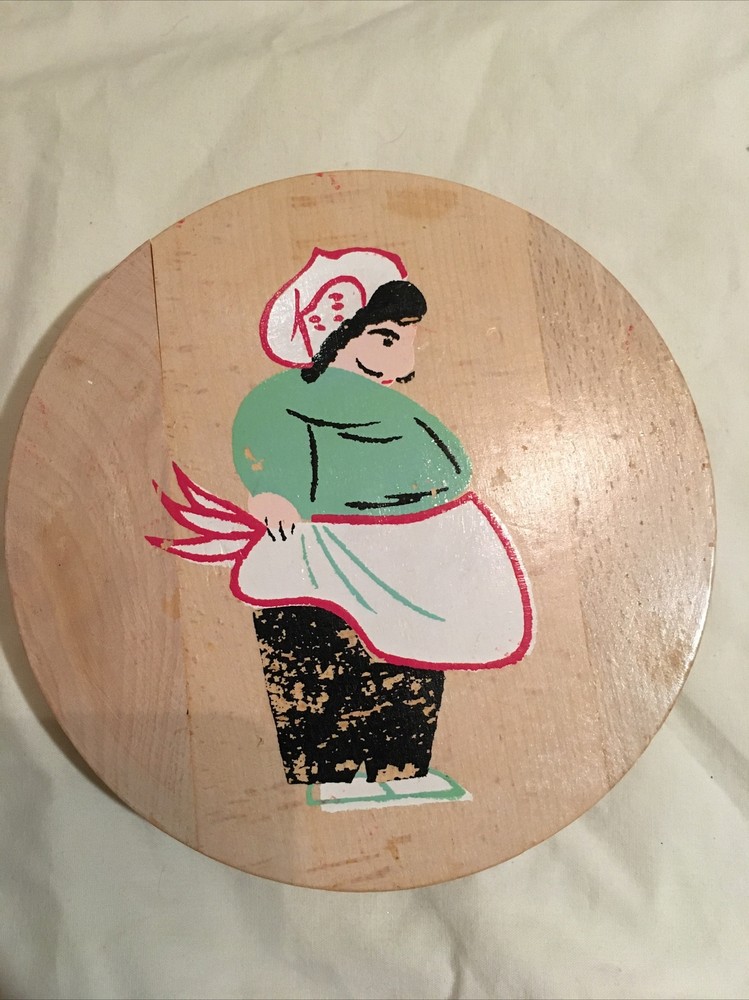 Vintage Wooden Hamburger Patty Press Hinged Lid Hand Painted Chef on front