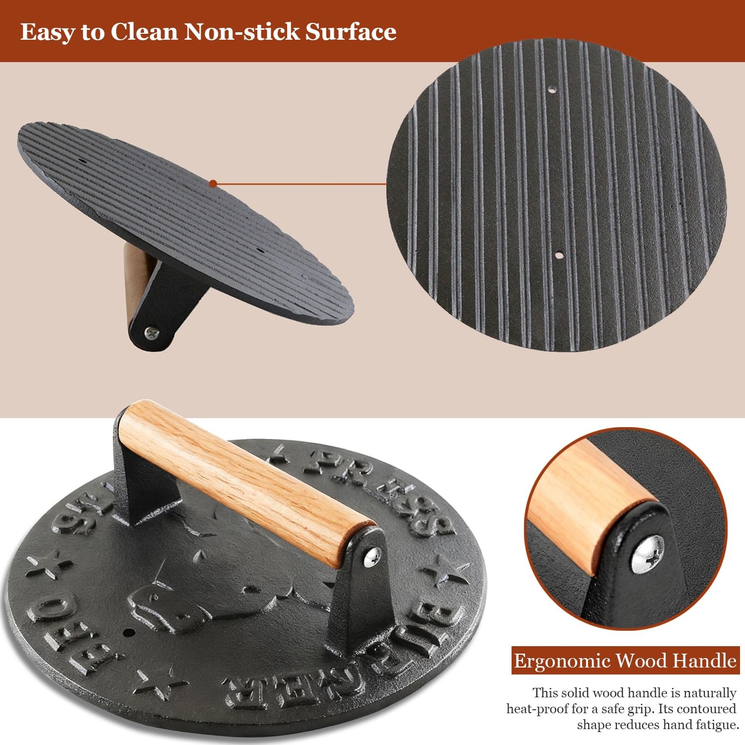 Cast Iron Burger Press 4.1lb Heavy Duty Grill Weight Bacon Press Wood Handle gallery