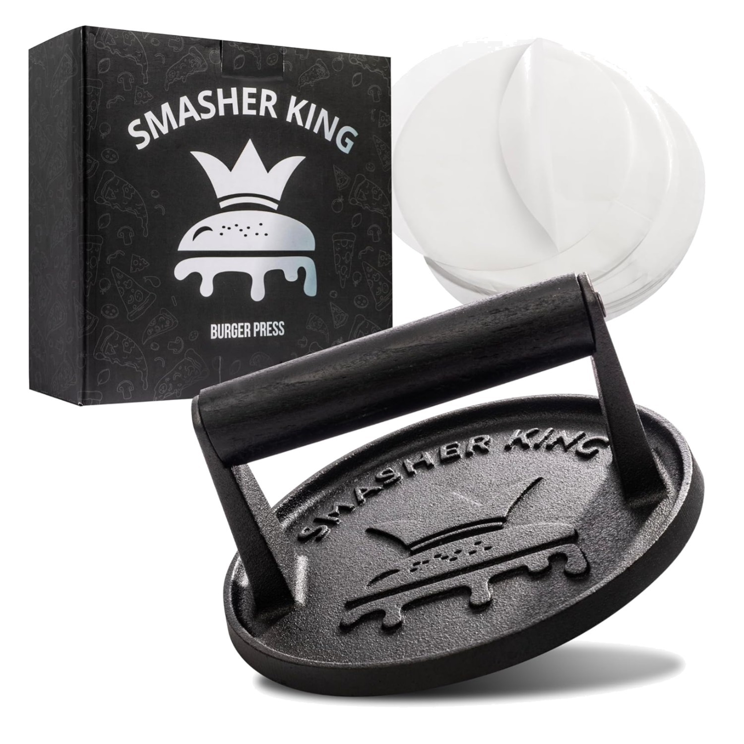 SMASHER KING™ - Cast Iron Smash Burger Press Incl. 25 Pcs of Patty Paper gallery