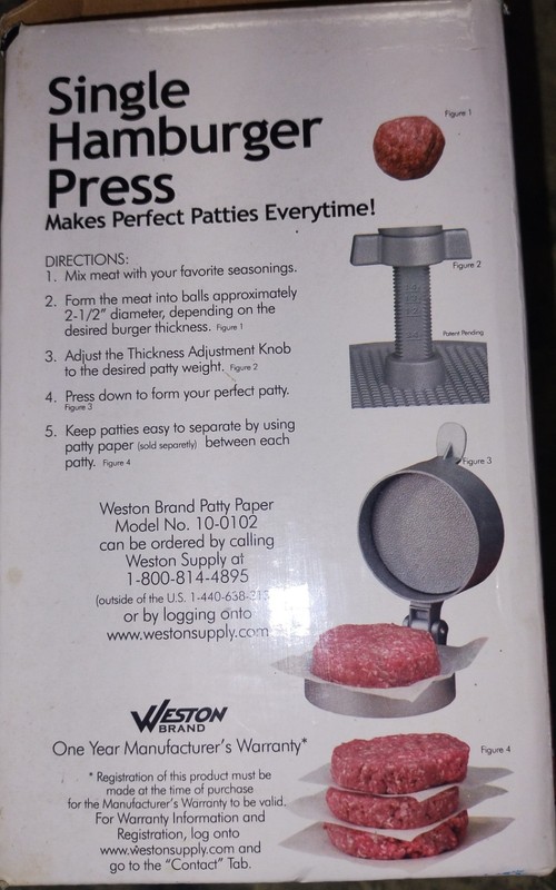Weston Burger Hamburger Press Adjustable Thickness 4 1/2" Patties 1/4lb to 3/4lb gallery