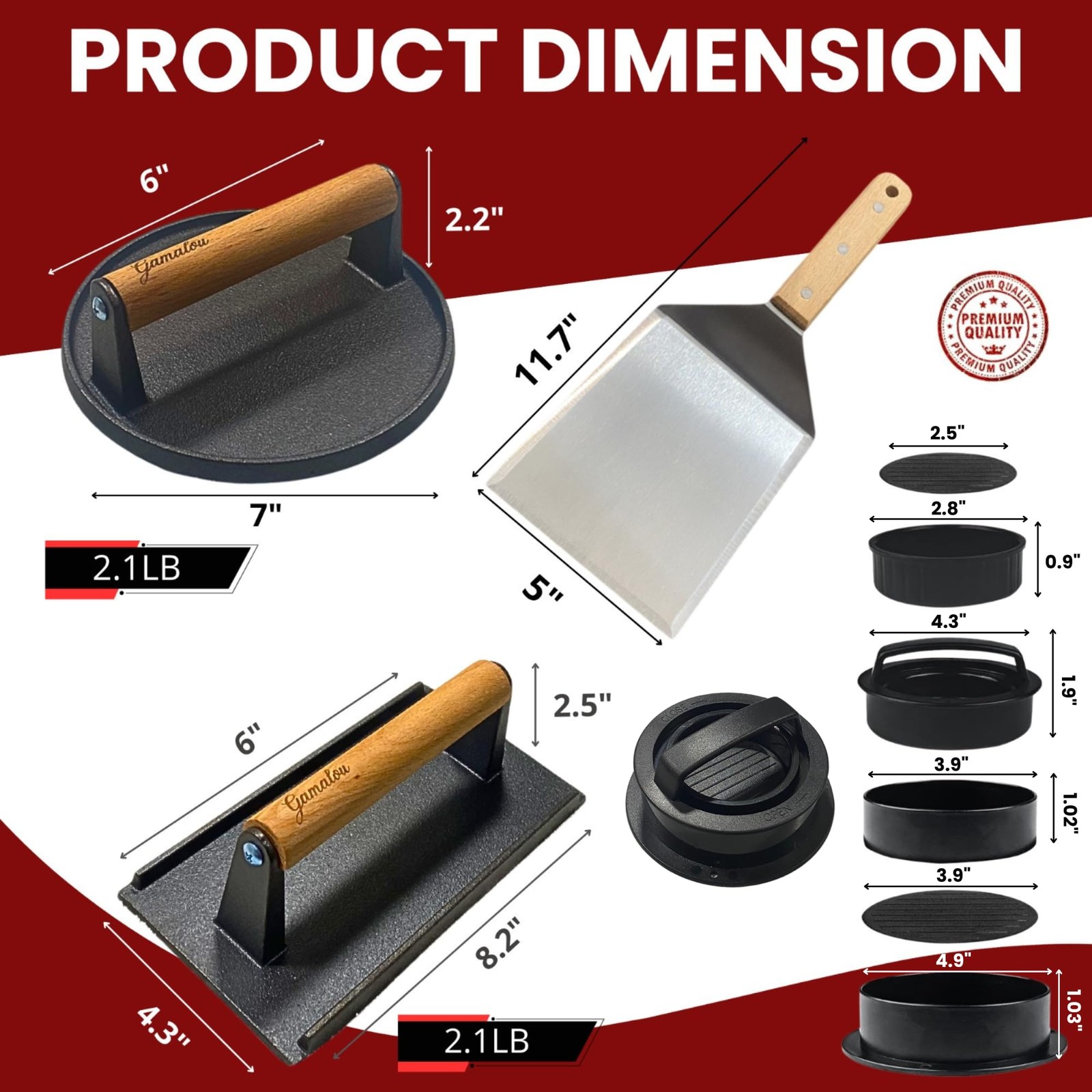Smashed Burger Press BBQ Kit: 7" Round & 8.2x4.3 Rectangle Cast Iron Bacon Pr... gallery