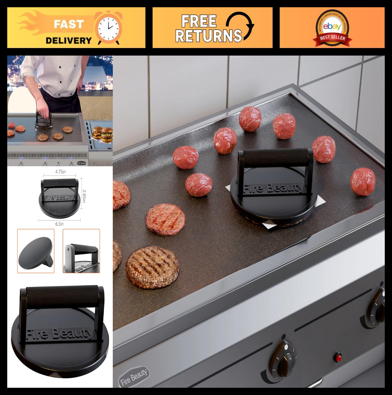 Cast Iron Burger Press 6.5" with Wood Handle - Food-Grade Grill Press for Bacon, gallery