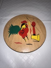 Vtg Rooster and Axe Hamburger Press Wood Hinged MCM Folk Art Kitchen Decor Read