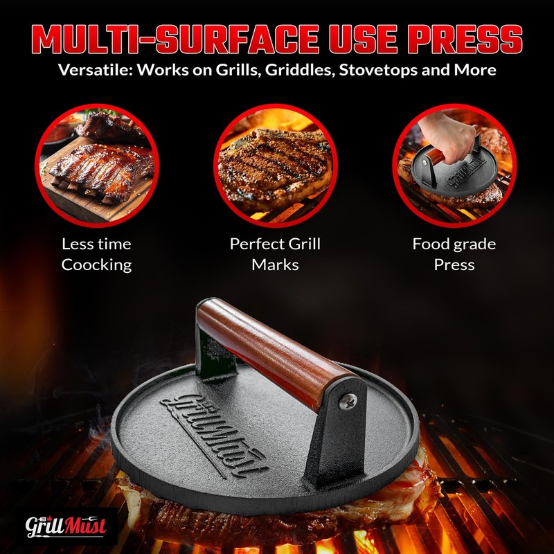 Grill Burger Press Premium Bacon Set: 7″ Meat Cast Iron for Perfectly Griddle gallery