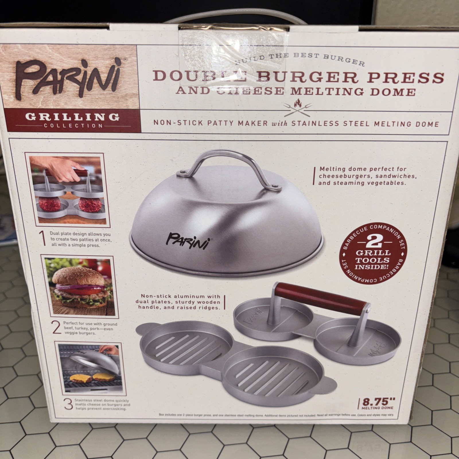 Burger Press Double & Cheese Melting Dome by Parini Stainless Steel NEW gallery