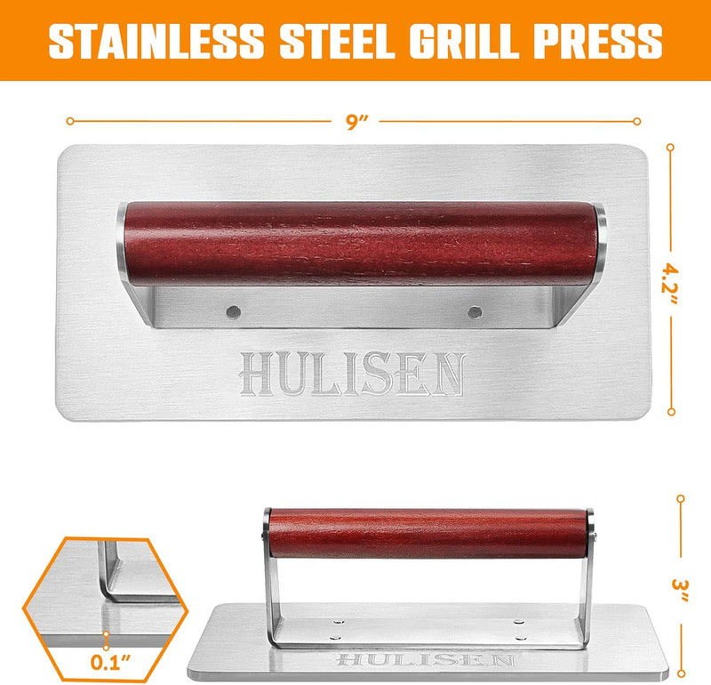 Stainless Steel Bacon Press, 9 Inch Large Heavy Duty Burger Press with Wood Hand gallery