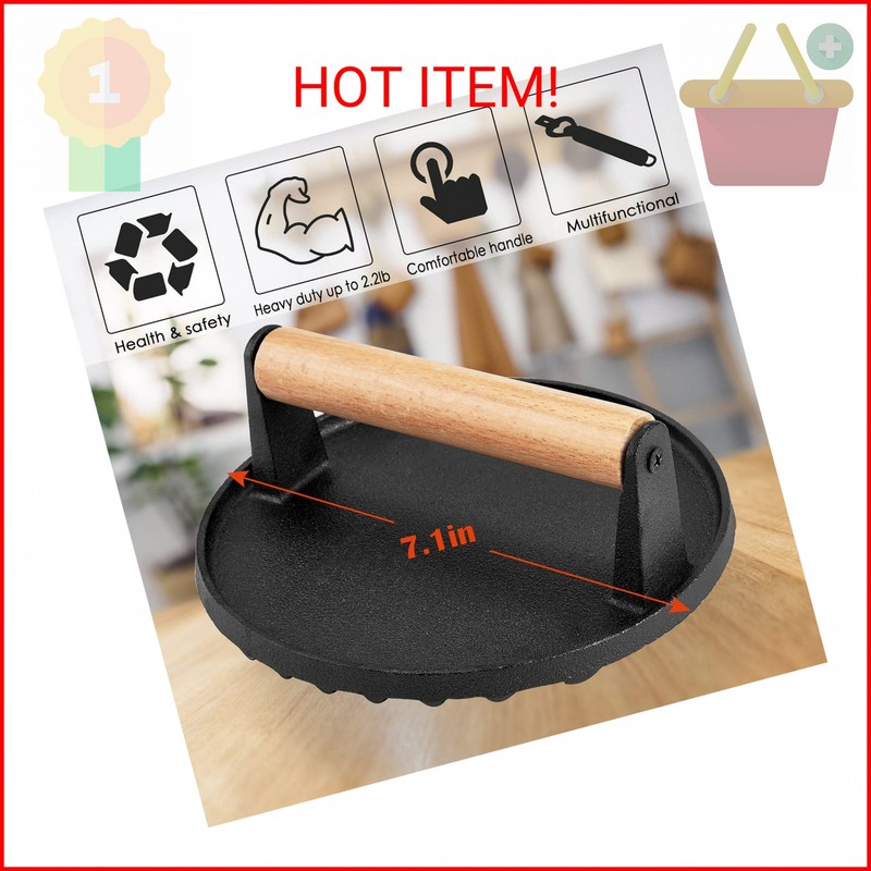 HaSteeL Single Cast Iron Grill Press, Heavy Duty 7In Bacon Burger Press with Woo gallery