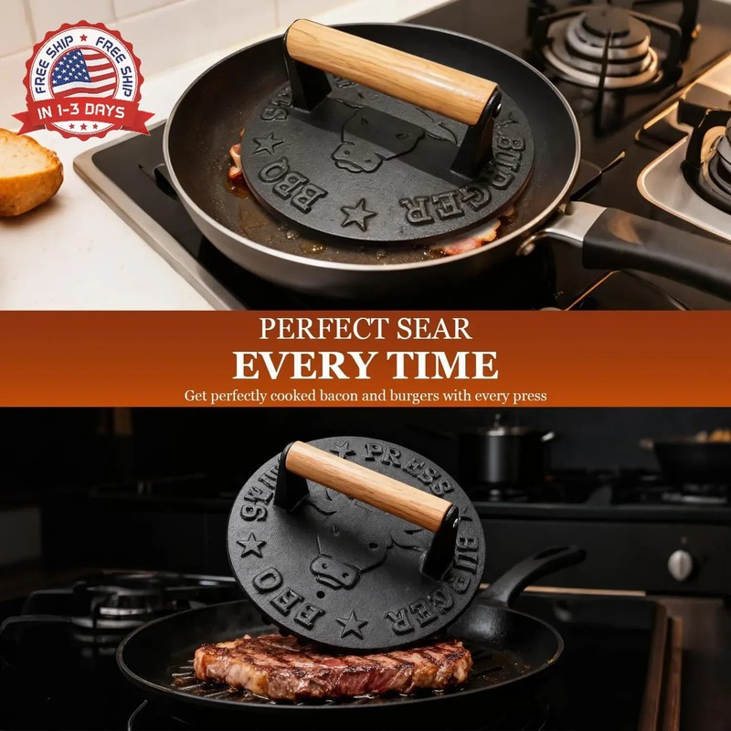 Cast Iron Burger Press 4.1lb Heavy-Duty Round 8.7 Inch with Beechwood Handle for gallery