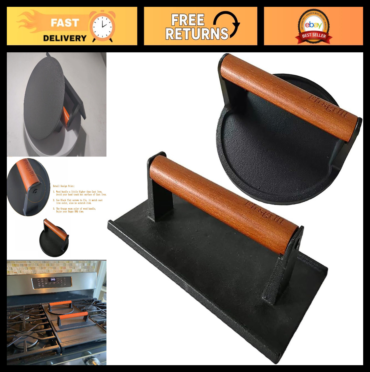 Heavy-Duty Cast Iron Burger Press 6.6" with Wood Handle for Griddle & Grill gallery