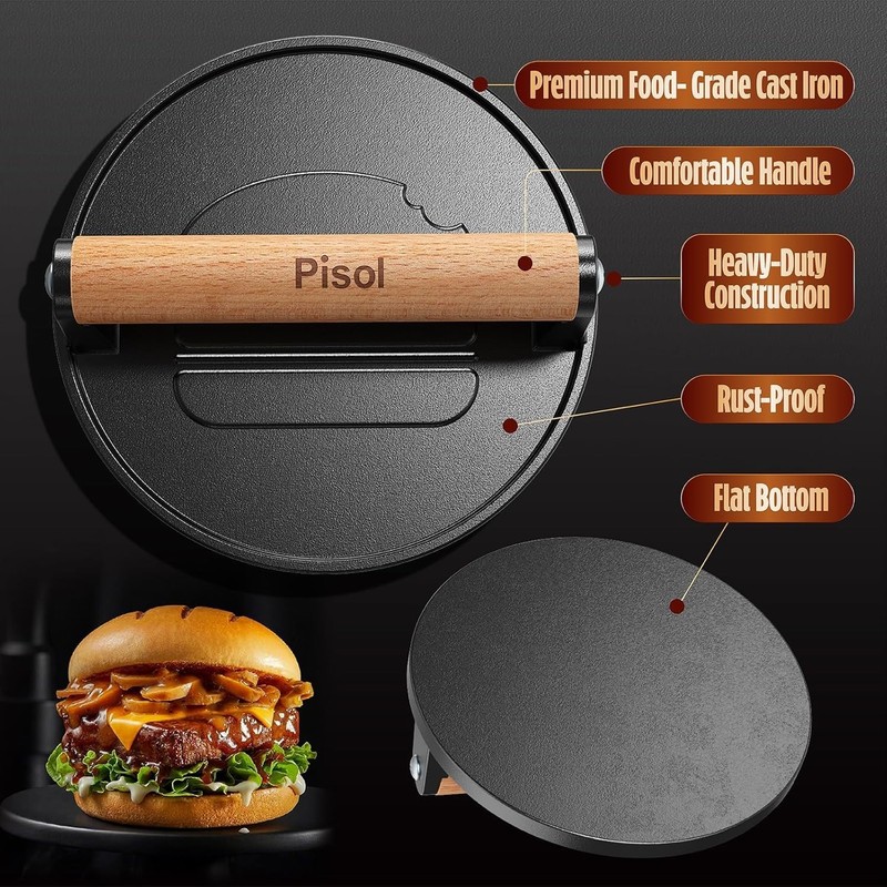 Smash Burger Press, Pre-Seasoned Cast Iron Hamburger Smasher, 2 lb Heavy-Duty... gallery