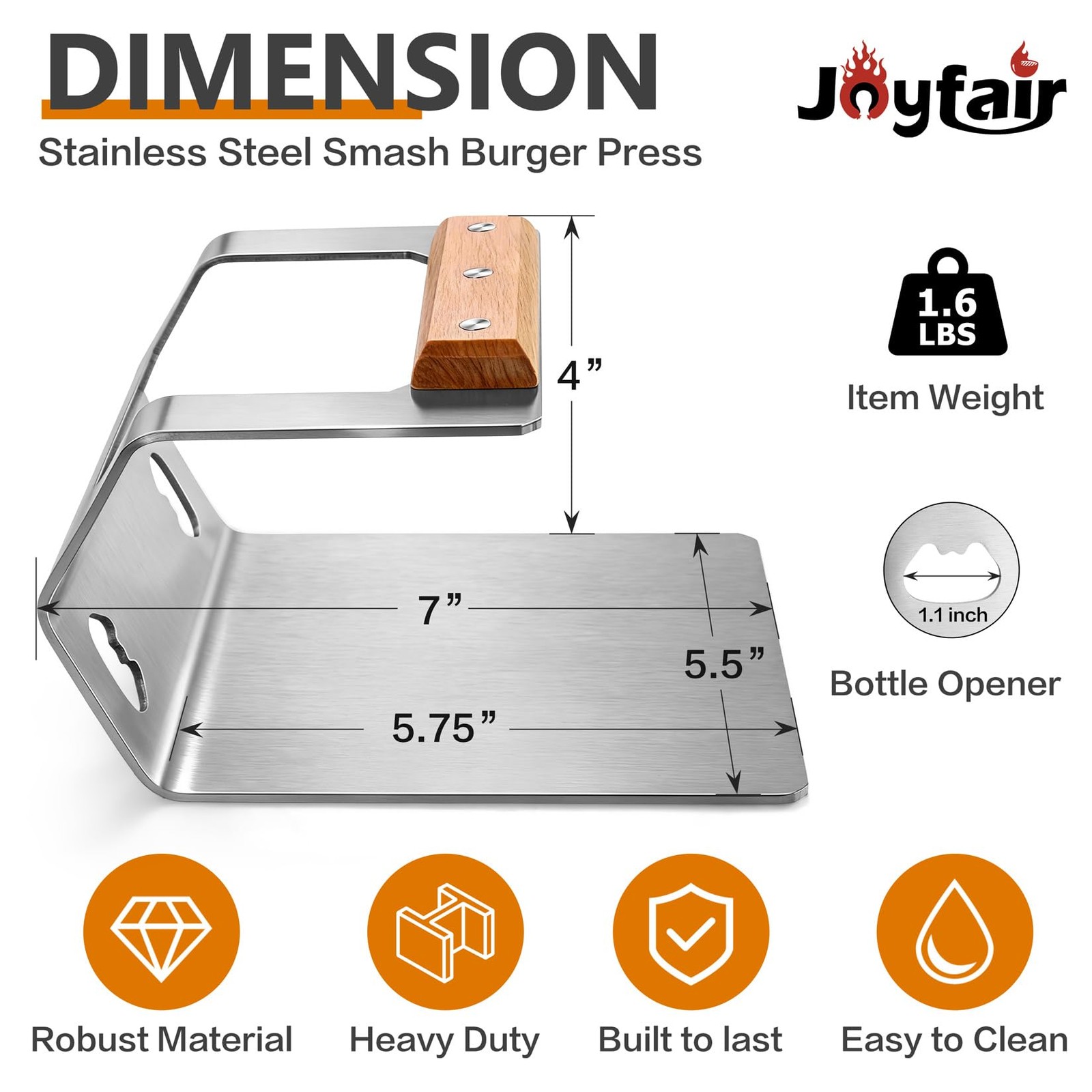 Joyfair Smash Burger Press Hamburger Patty Smasher Tool, 5.8” Brown Handle gallery