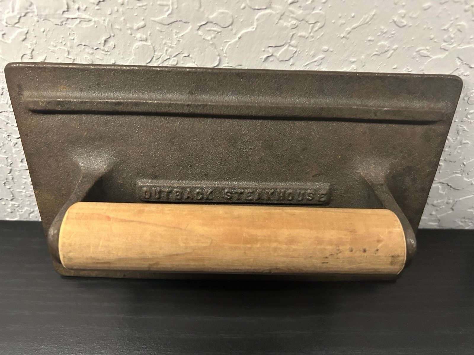 Vintage Outback Steakhouse Cast Iron Burger Press Wood Handle Grill Heavy Rare gallery