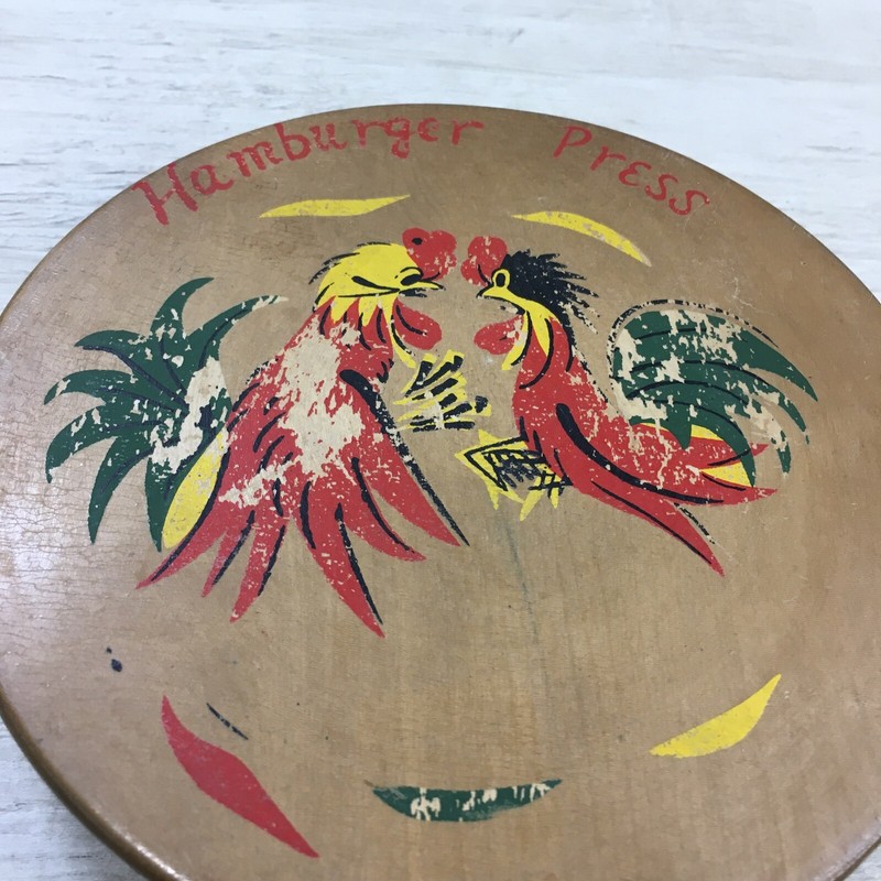 Vintage Hamburger Burger Press Rooster Hinged Wood Lid Mid Century 4.75" Burger gallery