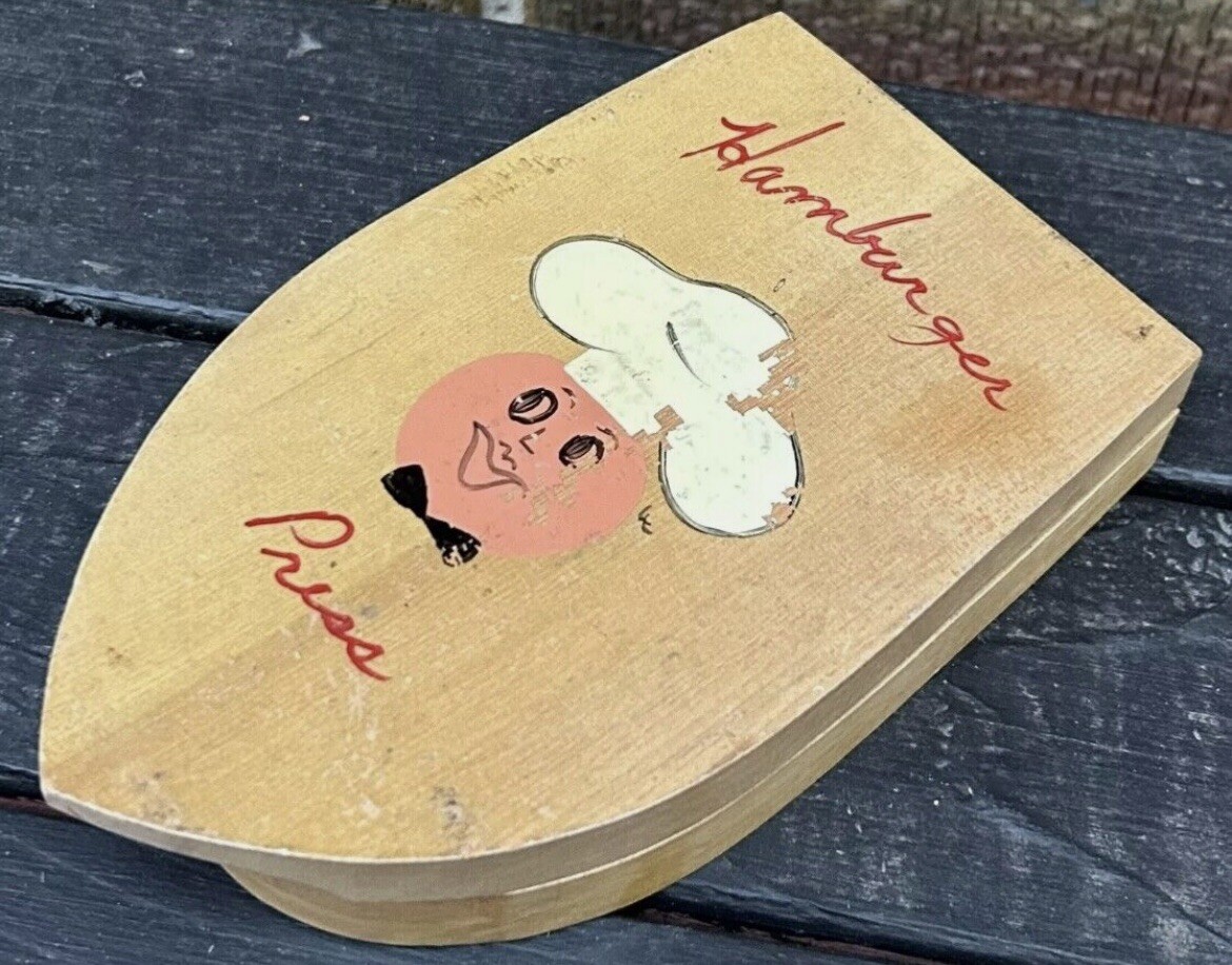 Hand Painted Wooden Hamburger Press - Chef Themed Vintage MCM BBQ Grilling gallery