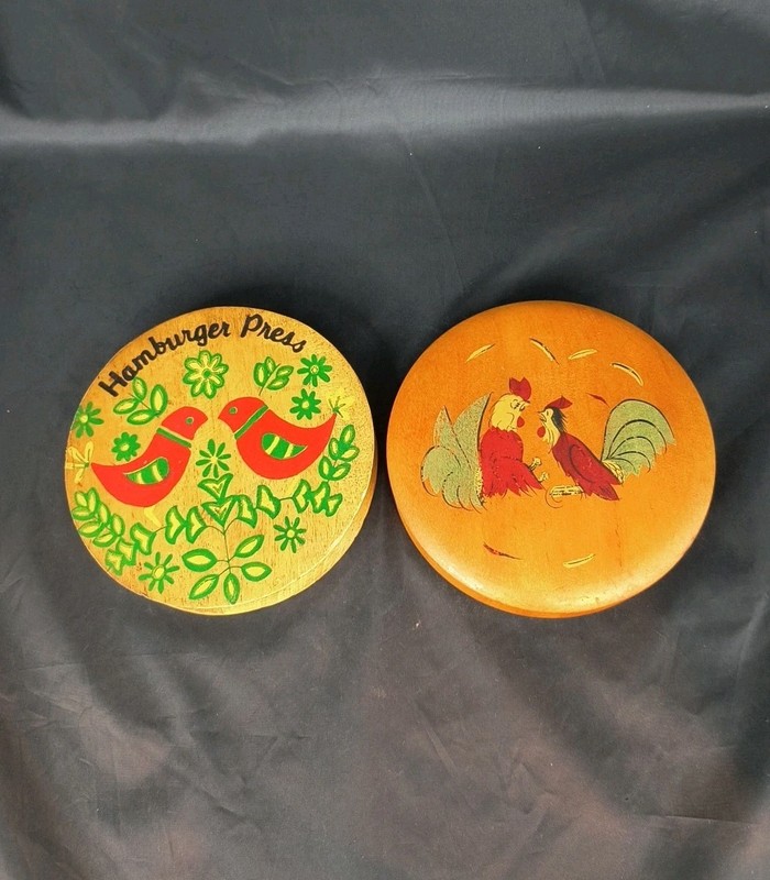 2 Vtg Primitive 50's Wooden Birds Roosters Hamburger Press 6" gallery