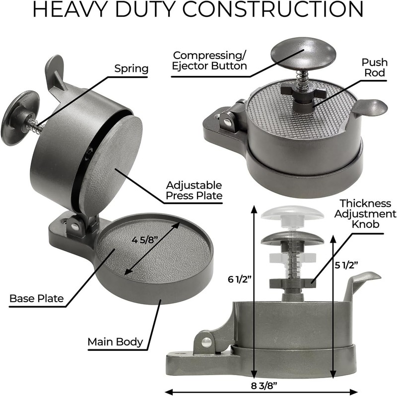 Burger Press Patty Maker – Adjustable Thickness 1/4 lb to 3/4 lb with Ejector... gallery