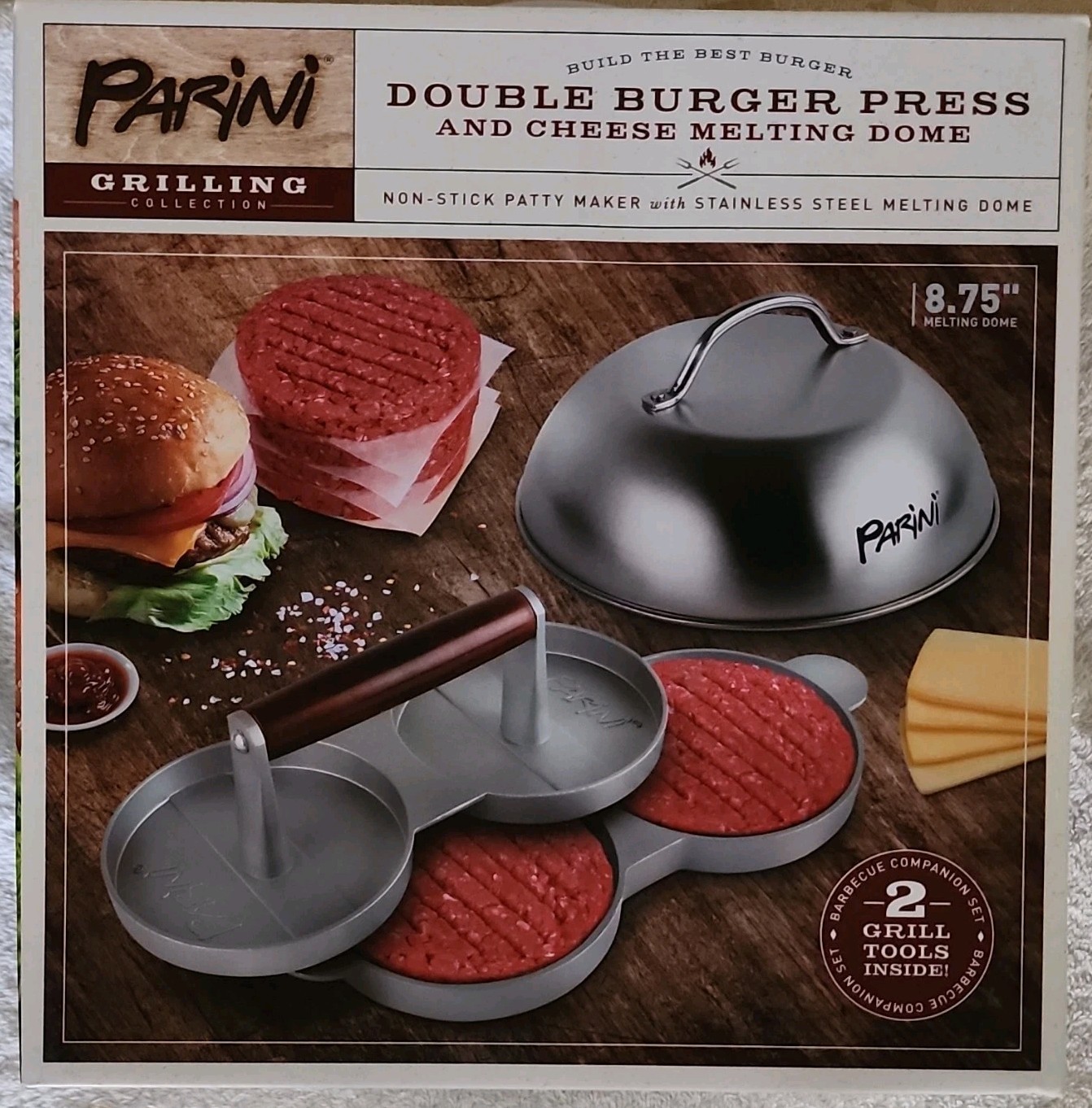 Parini Double Burger Press & Cheese Melting Dome Non-Stick 8.75" Stainless Steel gallery