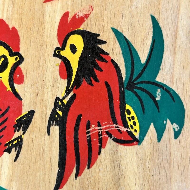 VTG Wooden Hamburger Press Fighting Roosters Chickens Kitchen Tool Decor Japan gallery