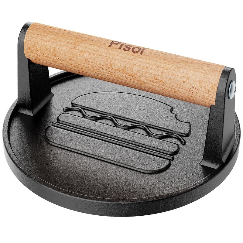 Heavy-Duty Cast Iron Burger Press, 2 lb Meat Smasher Tool with Wood Handle, 6.6 gallery