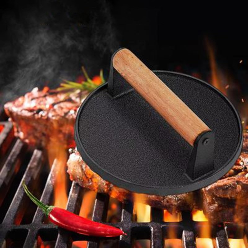 Round Heavy Duty Cast Iron Grill Press Wood Handle Steak Bacon 7 In 2 PCS gallery