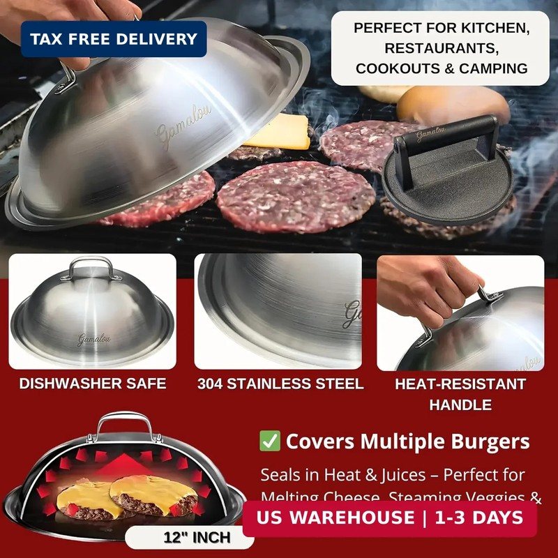 Gamalou® Smash Burger Press Kit: 7" Cast Iron Grill Press, 12" Melting Dome, 3-i gallery