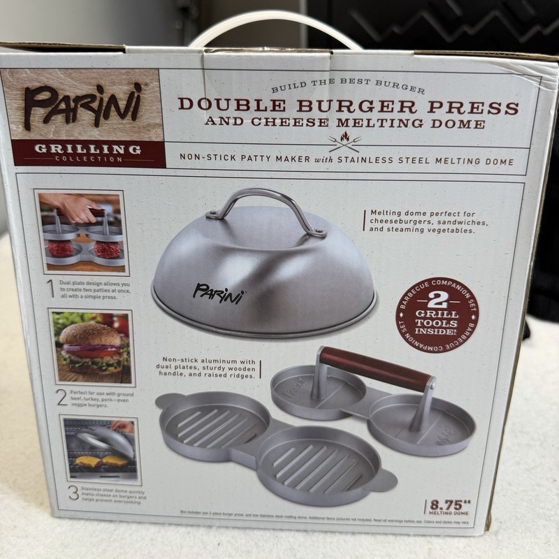 Parini Double Burger Press Cheese Melting Dome Grill Set NEW IN BOX gallery