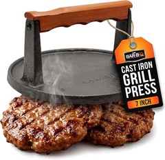 Cast Iron Grill Press 7-Inch Pre-Seasoned Smash Burger Press w/Wooden Handle