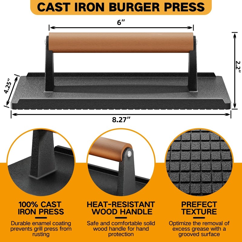 Heavy Duty Cast Iron Grill Press Set - 2PCS, Perfect for Bacon, Burgers, Steak & gallery