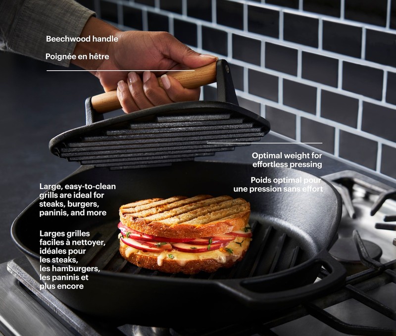 PADERNO Signature Pre-Seasoned Cast Iron Panini & Burger Grill Press, Black, 19. gallery
