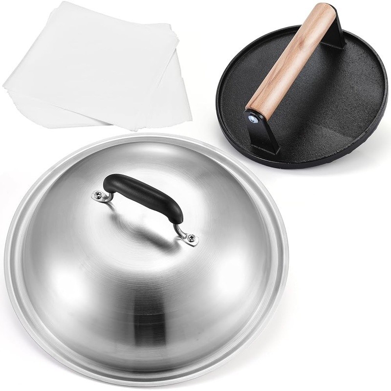 7 Inch Cast Iron Burger Press W/ 12.5 Inch Stainless Steel Melting Dome Set New gallery