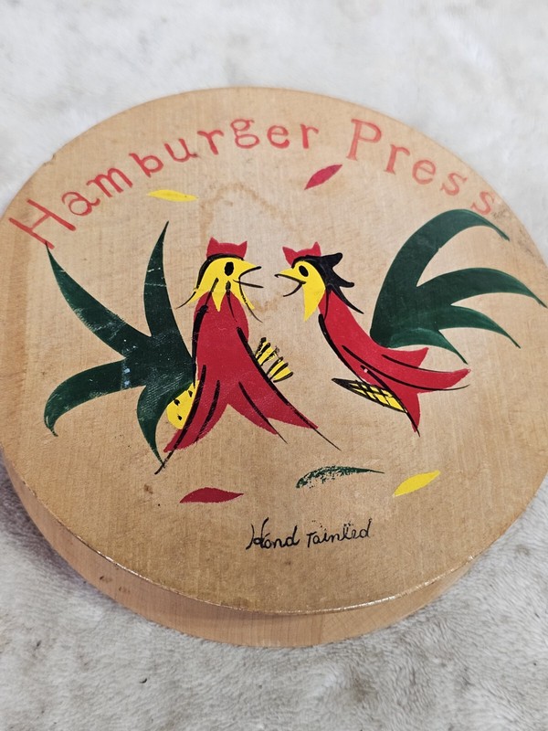 Vintage Fighting Roosters Hamburger Press Wood Hinged MCM Folk Art Kitchen Decor gallery