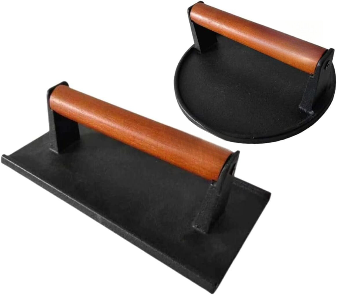 7.08” Round and 8.3 ‘X4.3’ Cast Iron Ground Meat Steak Maker with Wooden Handle gallery