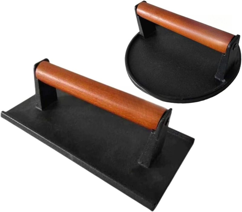 7.08” Round and 8.3 ‘X4.3’ Cast Iron Ground Meat Steak Maker with Wooden Handle gallery
