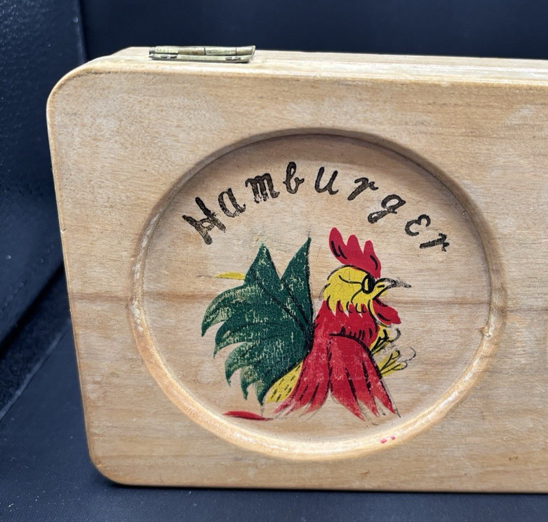 Vtg Wooden Hamburger Press Double Hinged 1950s Red Rooster Farmhouse Rustic gallery
