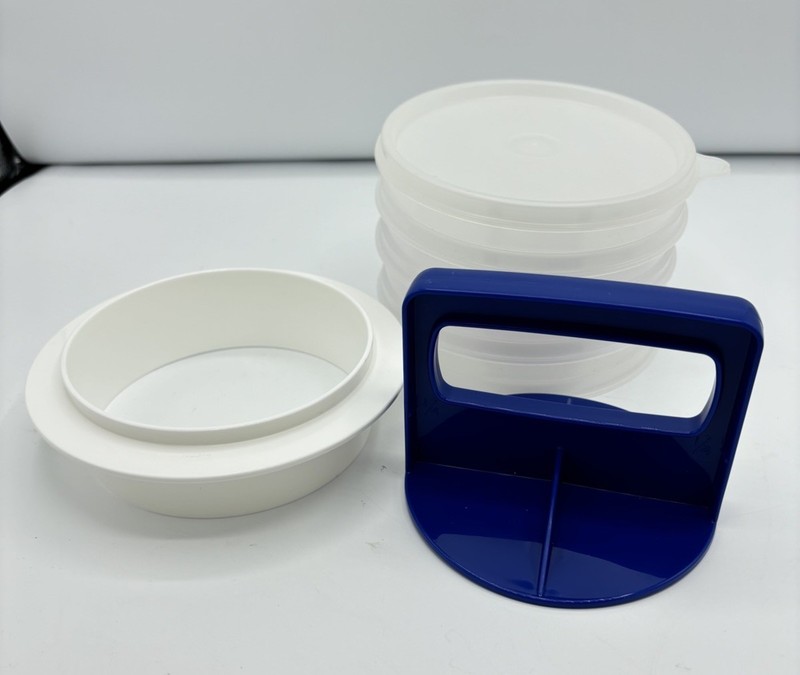 Vintage Tupperware Burger Press 1927 1926 Ring Press 4 Keepers With Lid NEW gallery