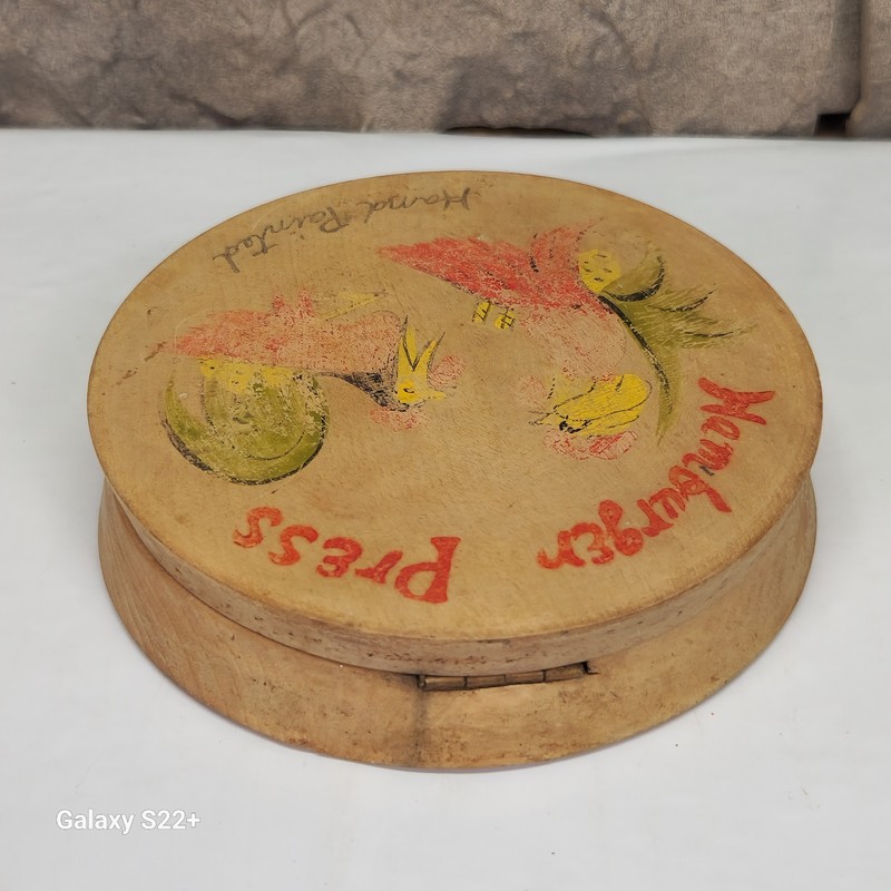 Vintage Japanese BURGER PRESS Hand Painted Hinged Wooden Red Green Roosters gallery