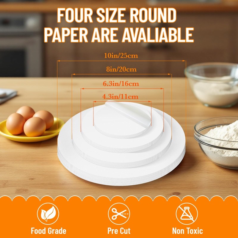 ISKYBOB 200 Sheets Parchment Paper Rounds, 4in 6in 8in 10in Multi, White gallery