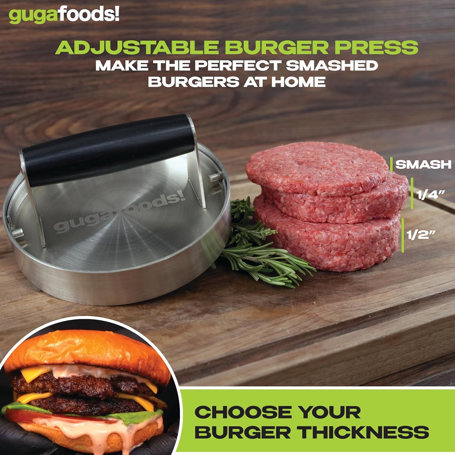 Guga Foods- Adjustable Burger Press, Stainless Steel Hamburger and Smashed... gallery