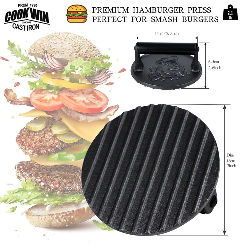 COOKWIN 7" Cast Iron Smash Burger Press Kit, Heavy-Duty 7 inch Black gallery