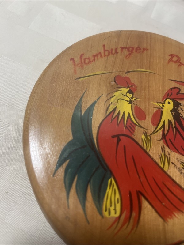 Vintage Wooden Hamburger Press Painted Roosters Made In Japan gallery