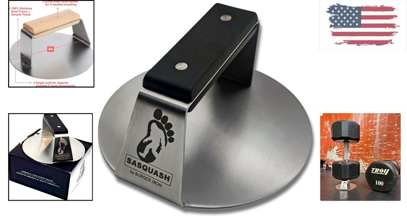Heavy-Duty 6" Sasquash Smash Burger Press with Flat Handle for Perfect Patties gallery