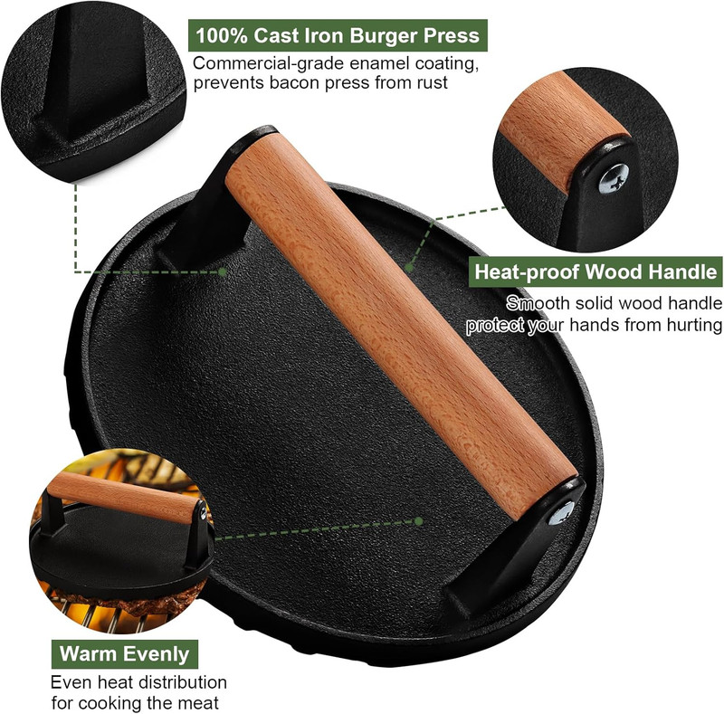 Cast Iron Grill Press 7in Burger Bacon Press Wood Handle BBQ Tool Heavy gallery