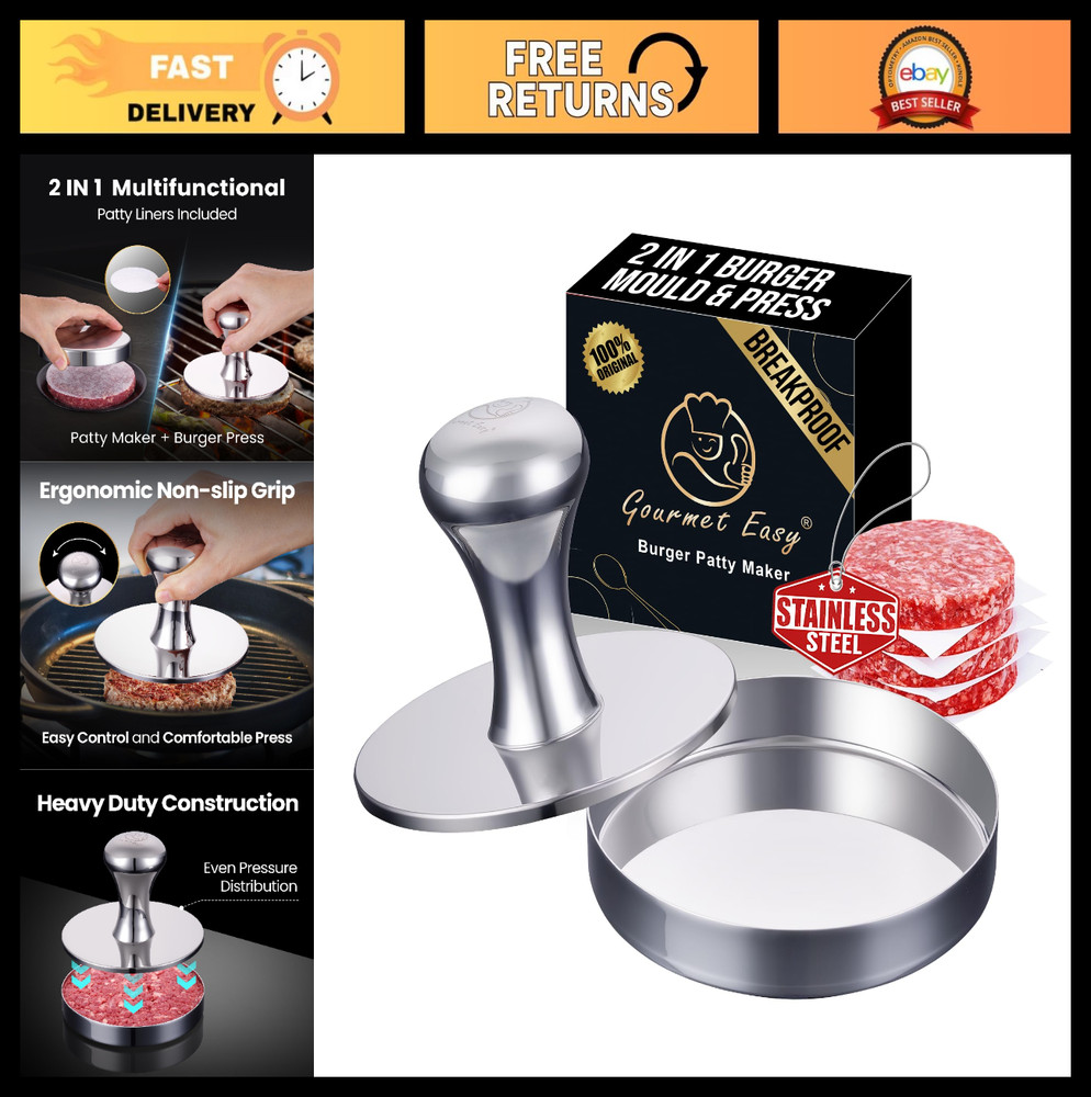 2-in-1 Heavy Duty Hamburger Press & Smash Burger Maker, Stainless Steel, Easy Cl