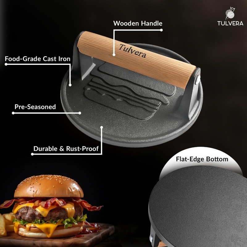 Cast Iron Burger Press | Flat-Edge Meat Smasher Tool for Grilling & BBQ | Pre-Se gallery
