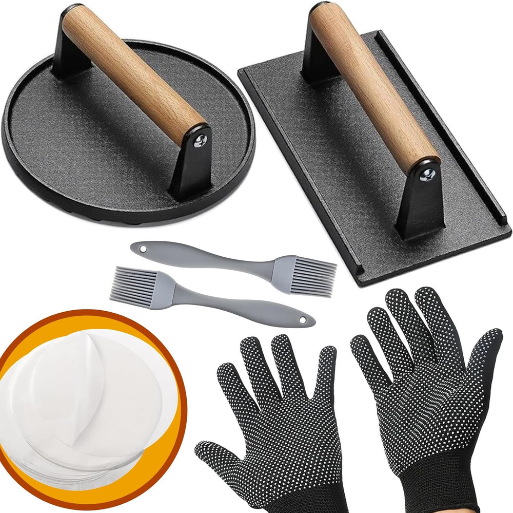 Smash Burger Press Kit 56pcs 7.9" Cast Iron Hamburger Smasher with Wood Handle a