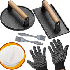 Smash Burger Press Kit 56pcs 7.9″ Cast Iron Hamburger Smasher with Wood Handle a