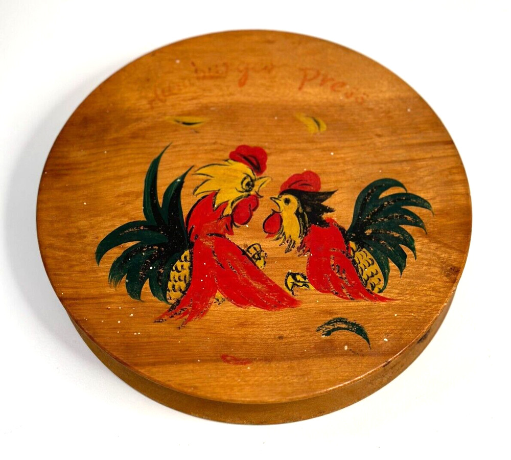 Vintage Japanese BURGER PRESS Hand Painted Hinged Wooden Red Green Roosters