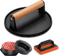 Smash Burger Press Kit, Heavy-Duty Cast Iron round Grill Bacon Press with Wood H